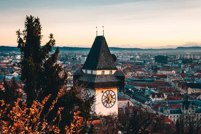 Graz old town with the Schlossberg hill in the background