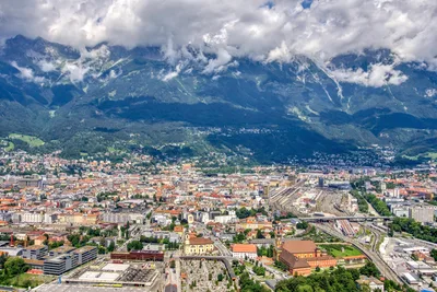 Innsbruck old town with the Alps rising dramatically in the background