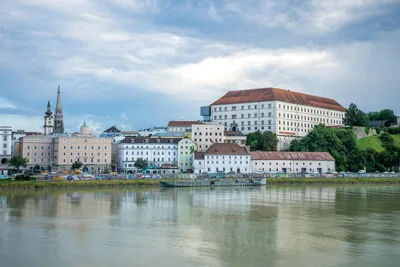 Linz main square with baroque architecture along the Danube